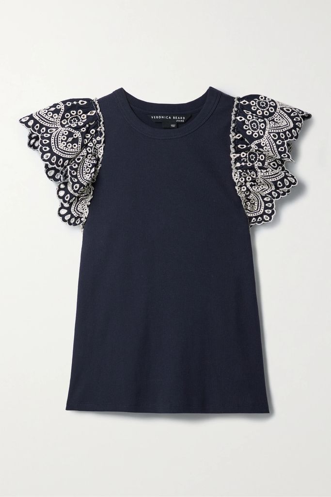 Julianka Broderie Anglaise Poplin-trimmed Ribbed Cotton-jersey Top - Midnight blue