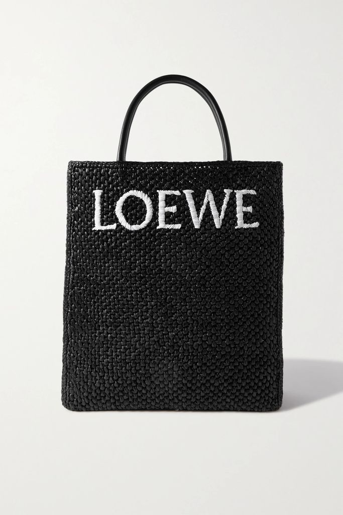 Standard A4 Leather-trimmed Embroidered Raffia Tote - Black