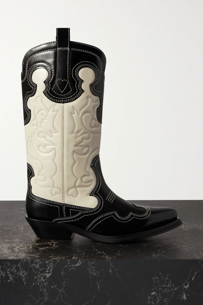Embroidered Two-tone Leather Boots - Black
