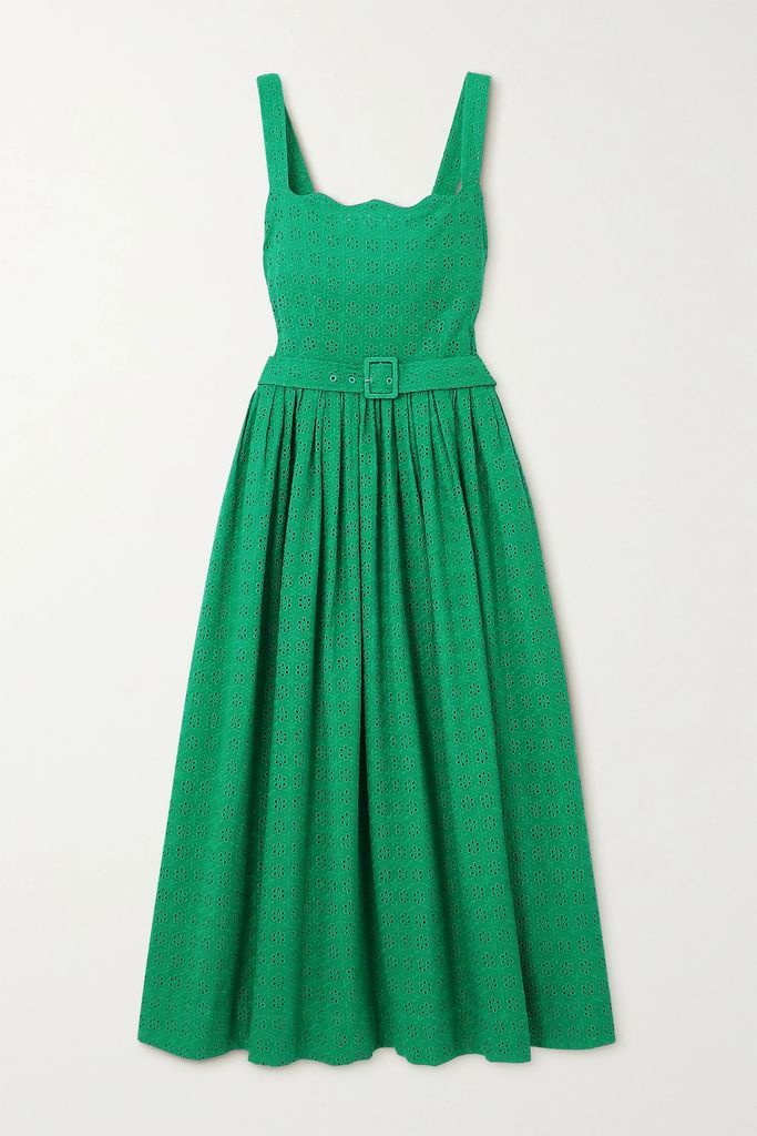 Allegra Belted Broderie Anglaise Cotton-voile Midi Dress - Green