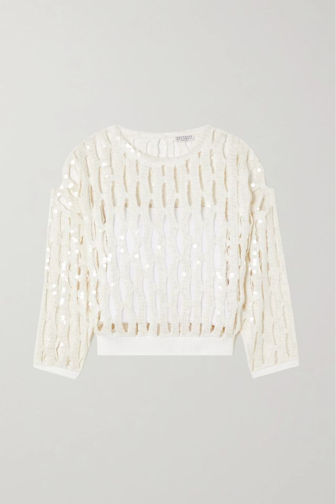 Sequined Open-knit Linen-blend Sweater - White