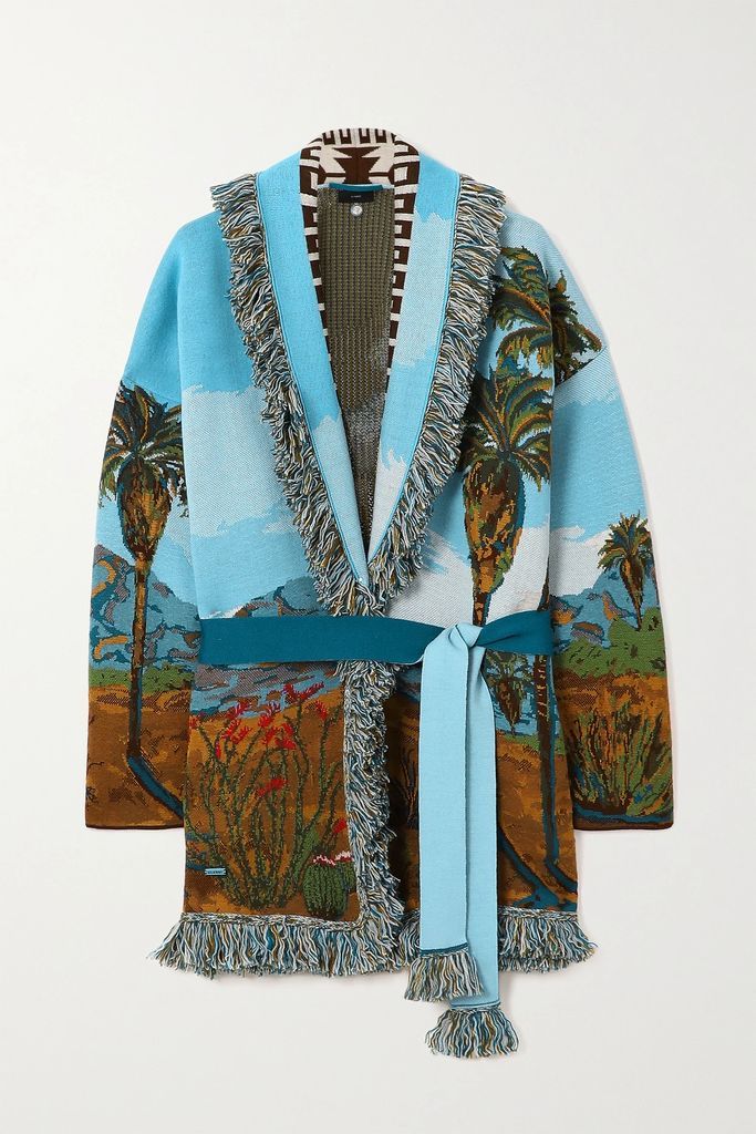 Land Of Dreams Fringed Cotton, Wool And Silk-blend Jacquard Cardigan - Blue