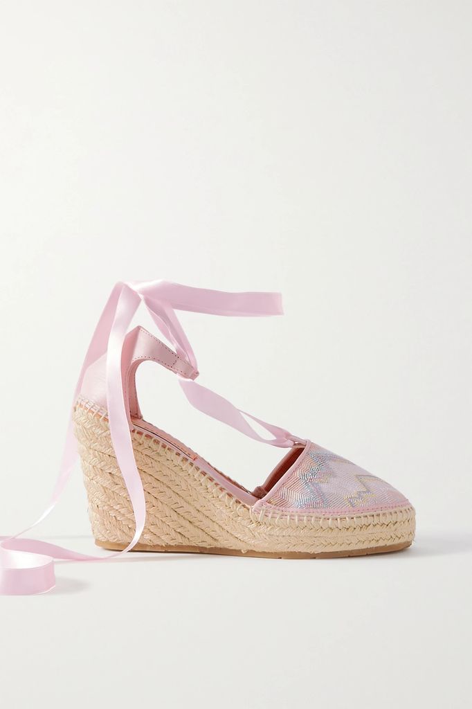 Satin And Leather-trimmed Crochet-knit Espadrille Wedge Sandals - Baby pink
