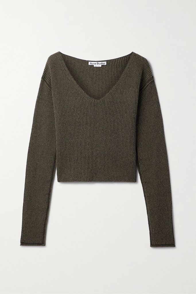 Cropped Ribbed-knit Sweater - Forest green