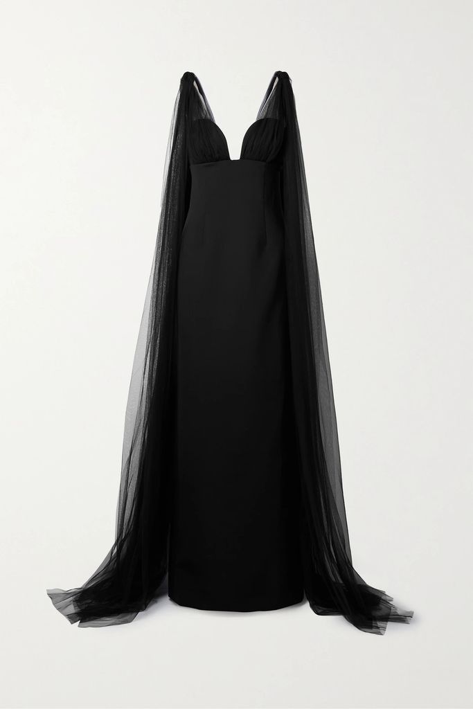 Cape-effect Tulle And Wool-blend Gown - Black