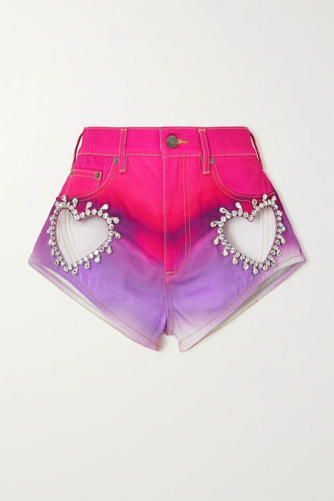 Crystal-embellished Cutout Dégradé Denim Shorts - Pink