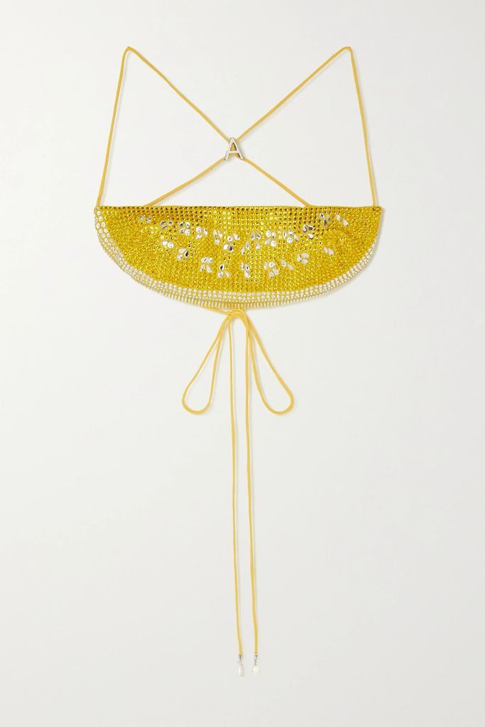 Cropped Open-back Crystal-embellished Wool-blend Top - Yellow
