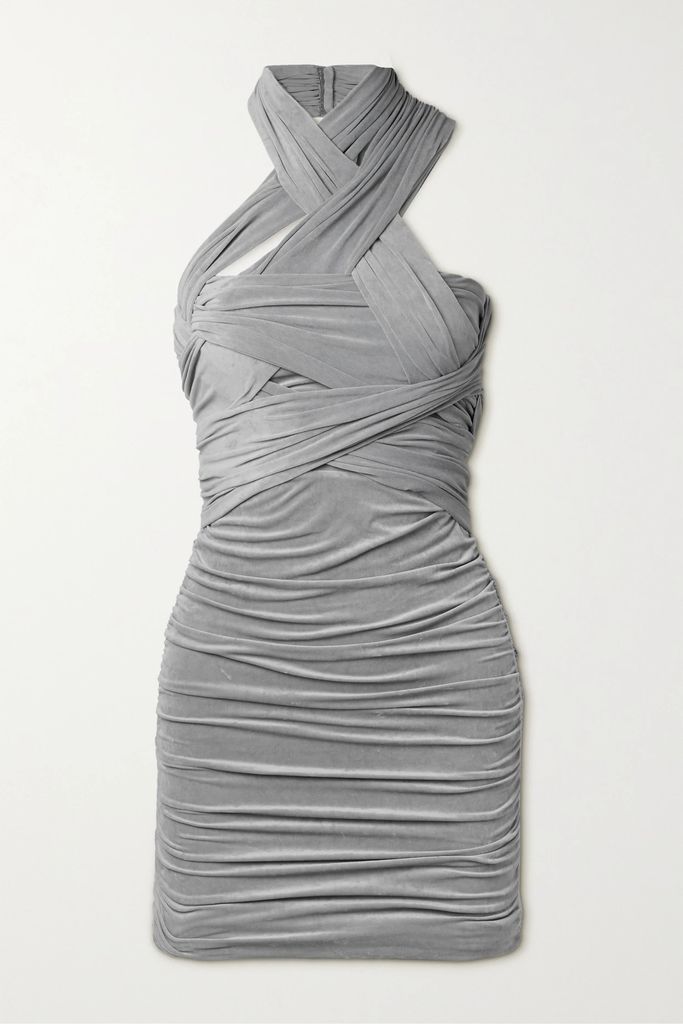 Cutout Ruched Faux Stretch-suede Halterneck Mini Dress - Gray