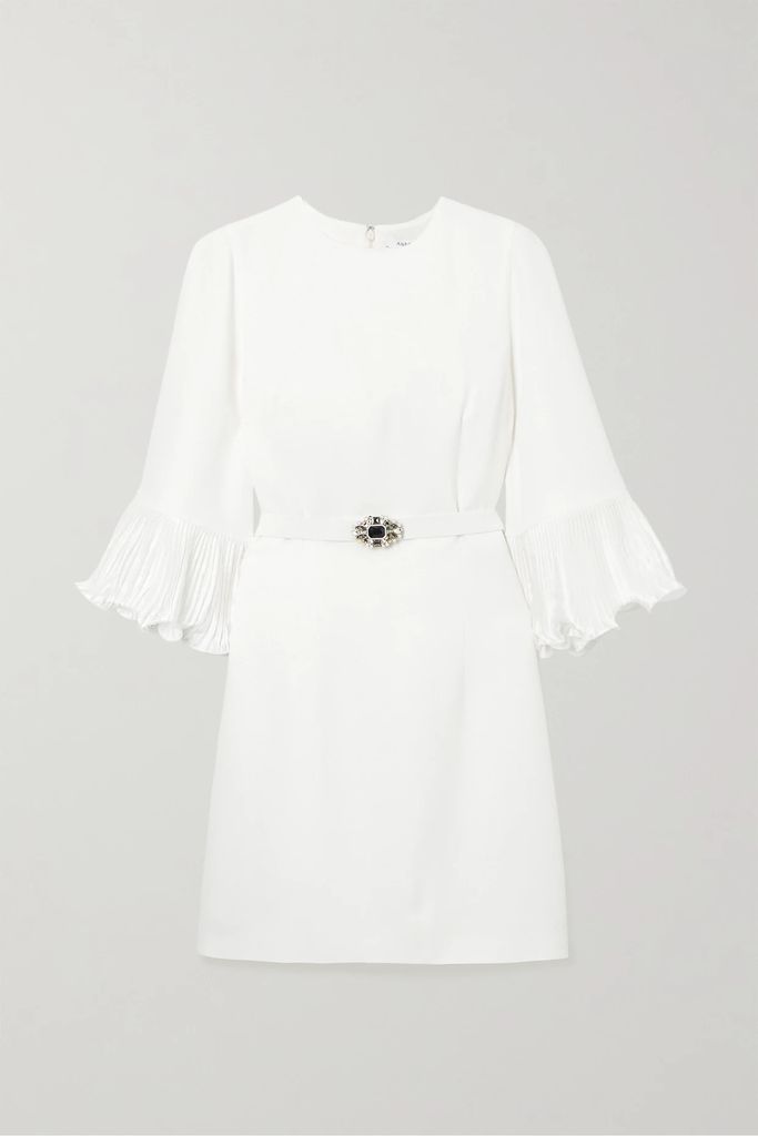 Embellished Belted Plissé Satin-trimmed Crepe Mini Dress - White