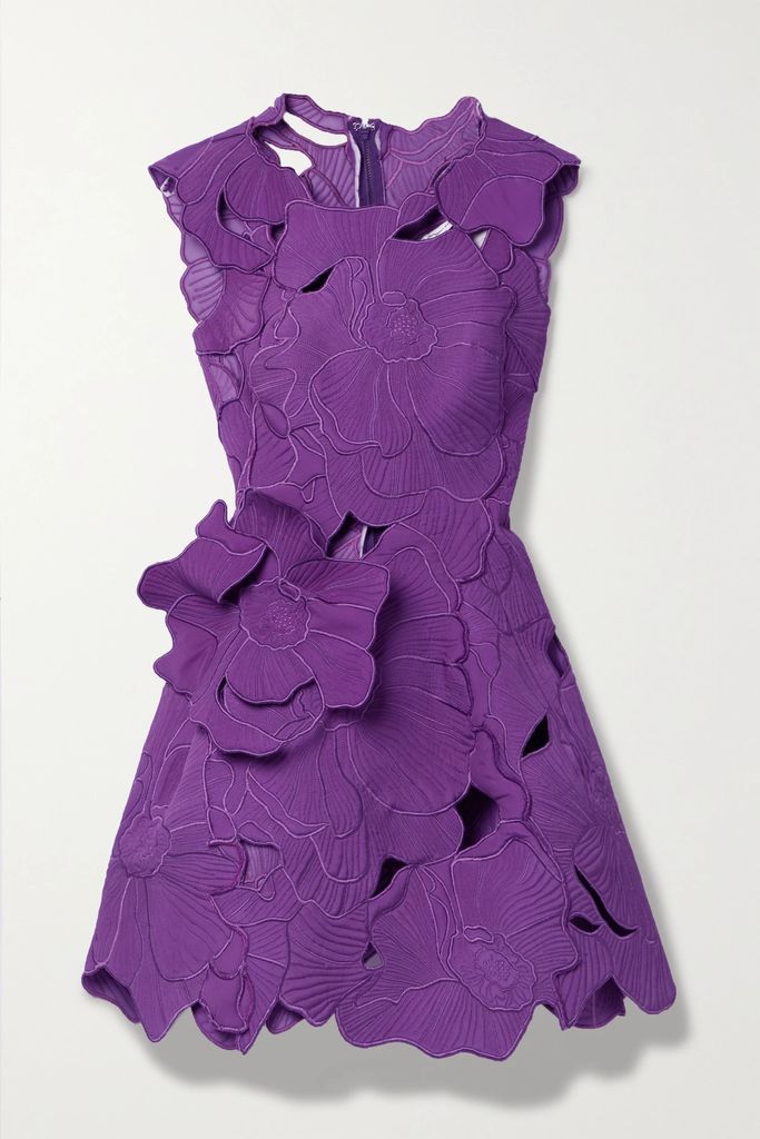 Cutout Embroidered Crepe Mini Dress - Purple