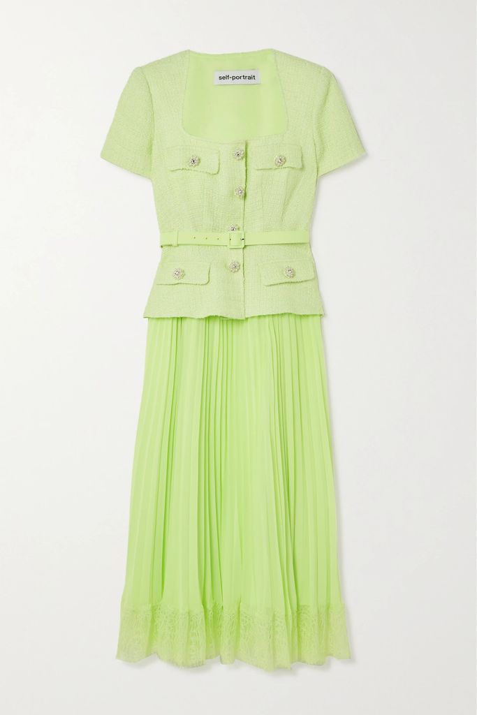 Belted Embellished Bouclé And Lace-trimmed Pleated Chiffon Midi Dress - Green