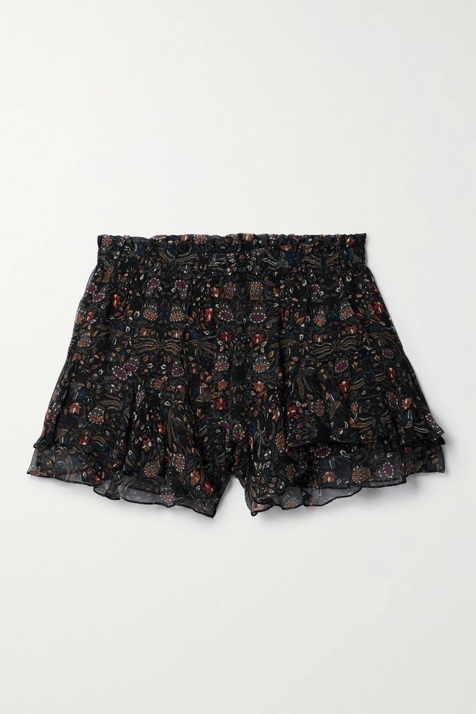 Aboreli Ruffled Printed Silk-crepon Shorts - Black