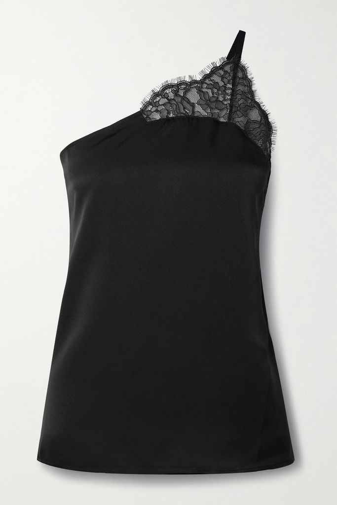 One-shoulder Lace-trimmed Satin Camisole - Black