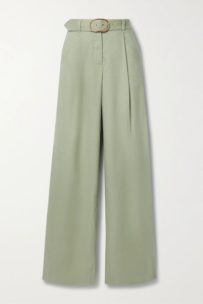 Rimini Belted Pleated Stretch Linen And Tencel-blend Voile Wide-leg Pants - Sage green