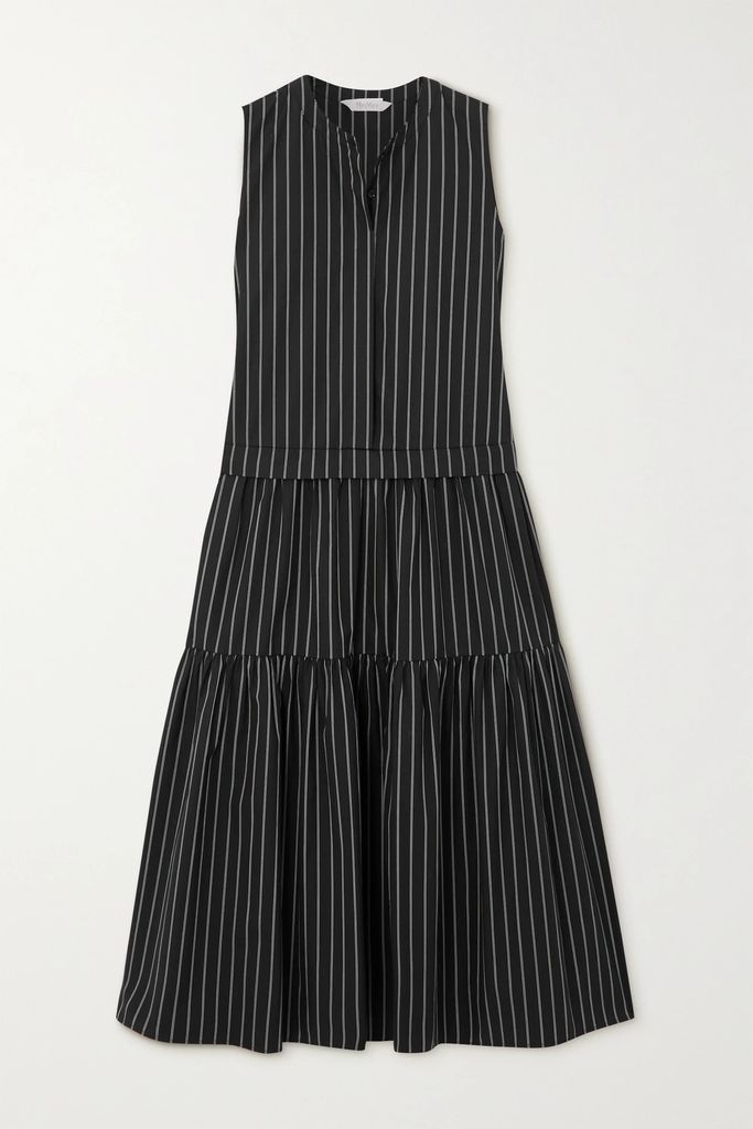 Megaton Striped Tiered Cotton-poplin Midi Dress - Black