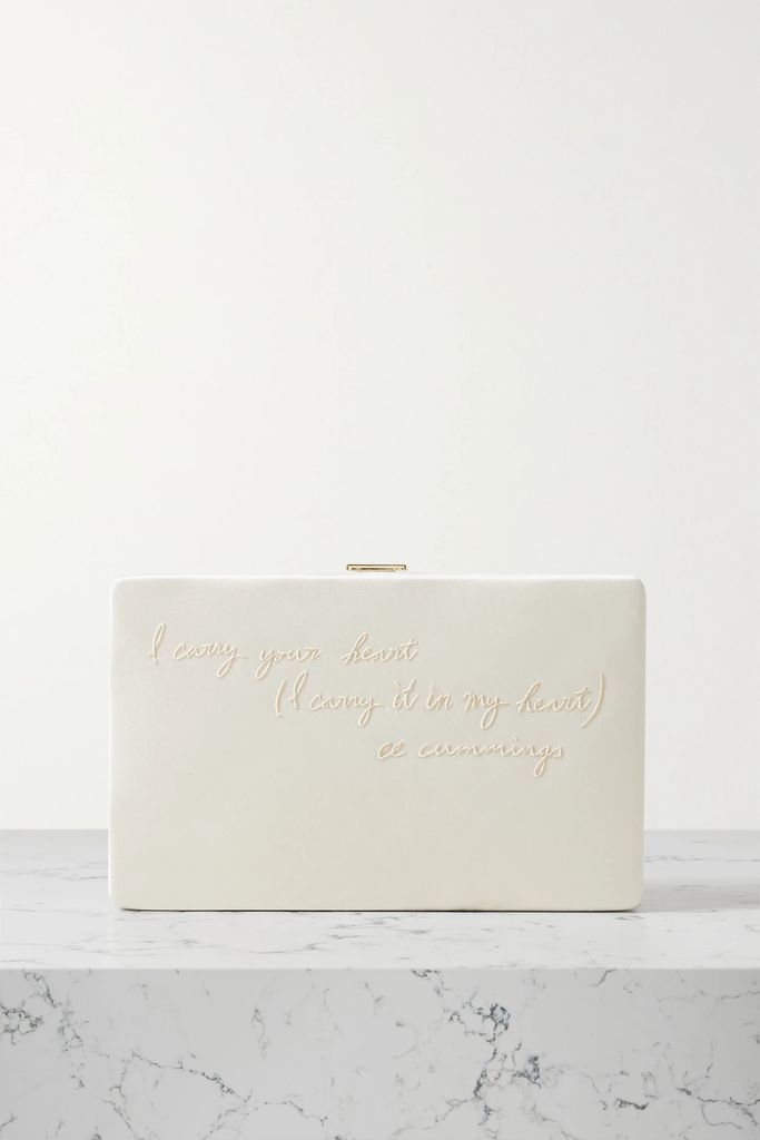 I Carry Your Heart Embroidered Recycled-satin Clutch - Ivory