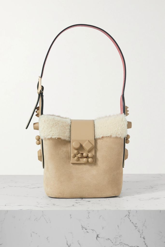 Carasky Mini Shearling-lined Embellished Suede And Leather Bucket Bag - Beige