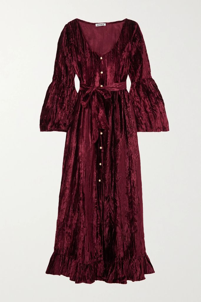 Avery Belted Ruffled Crinkled-velvet Midi Dress - Red