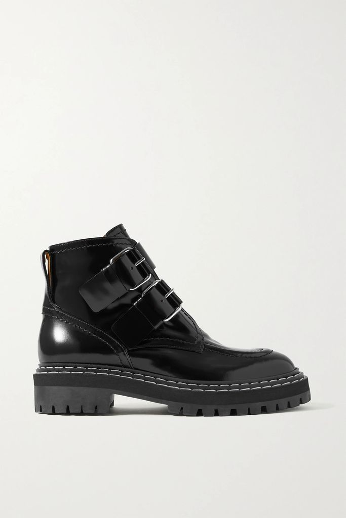 Buckled Glossed-leather Ankle Boots - Black