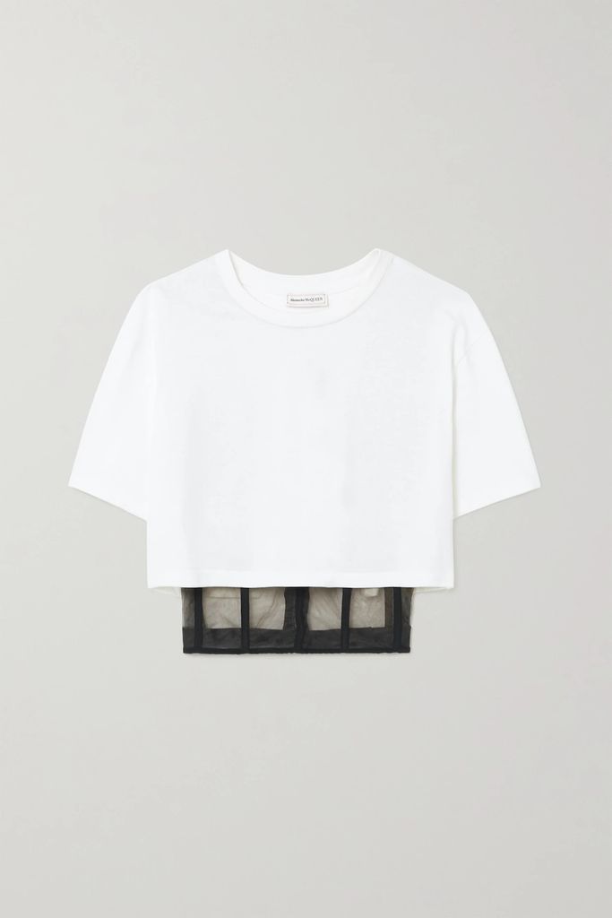 Cropped Layered Cotton-jersey And Tulle T-shirt - White