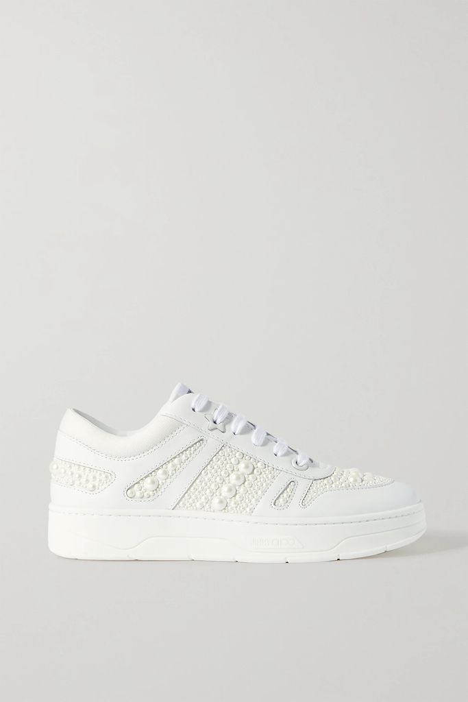Hawaii Faux Pearl-embellished Leather Sneakers - White