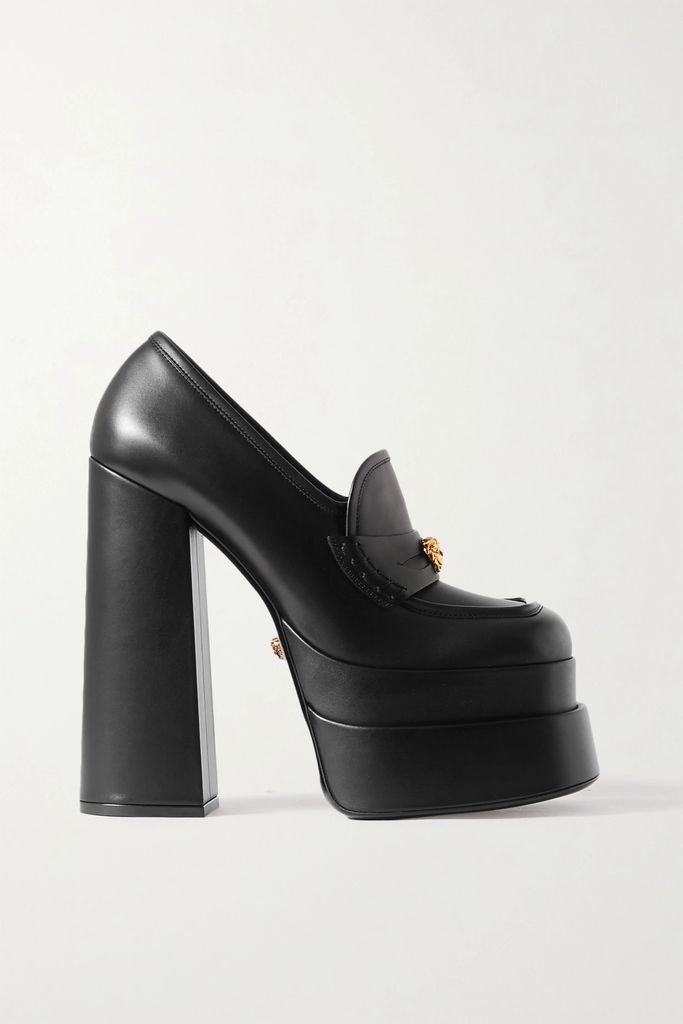 Embellished Leather Platform Loafers - Black