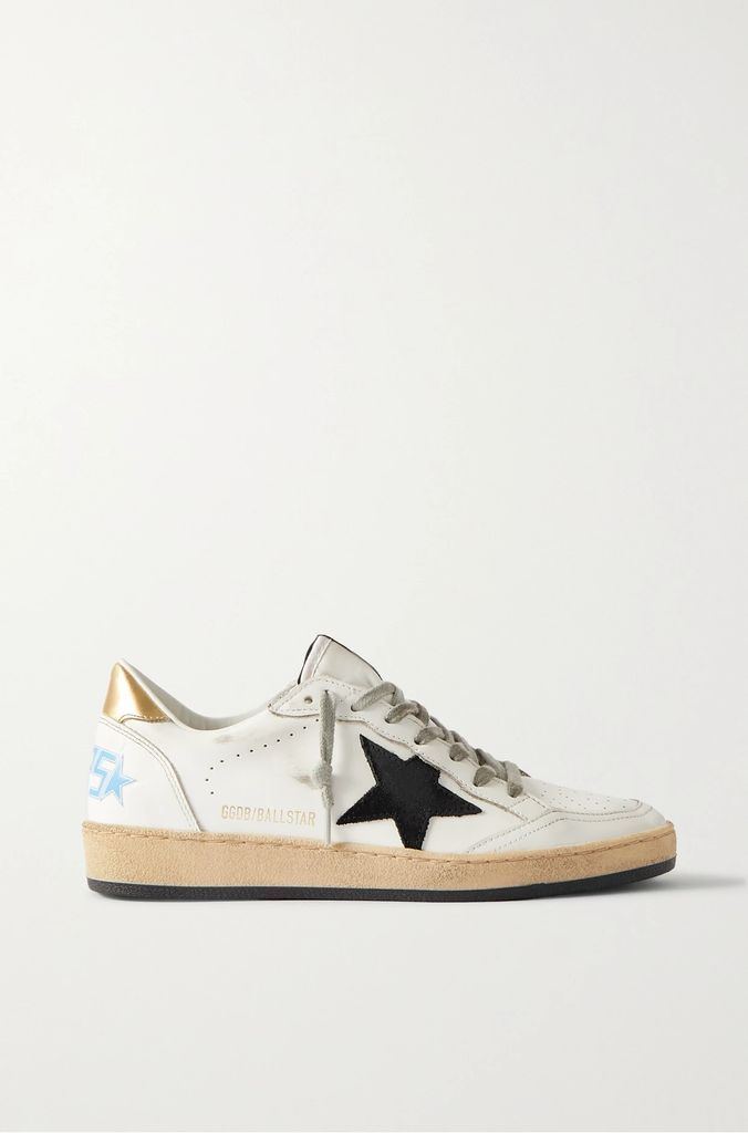 Ball Star Distressed Suede-trimmed Leather Sneakers - White