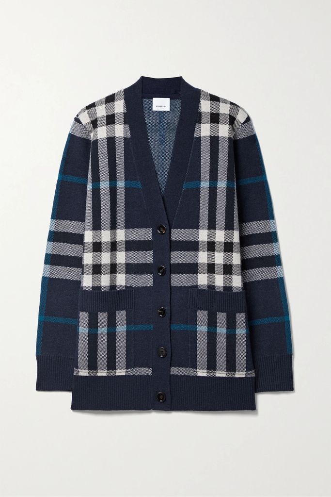 Checked Wool And Cashmere-blend Cardigan - Navy