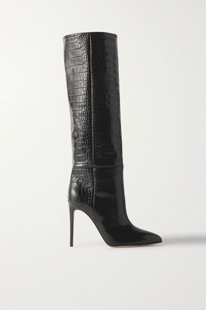 Croc-effect Leather Knee Boots - Black