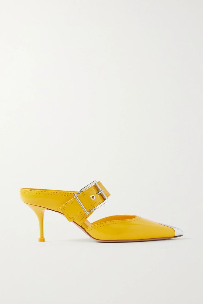 Buckled Embellished Leather Mules - Yellow