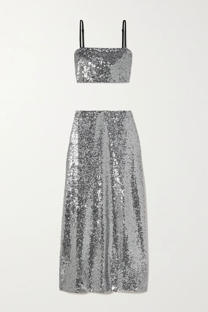Affie Sequined Stretch-jersey Cropped Top And Midi Skirt Set - Silver