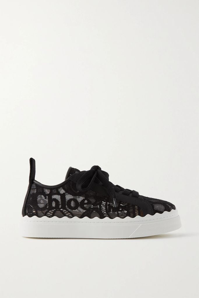 Lauren Scalloped Logo-detailed Lace And Leather Sneakers - Black