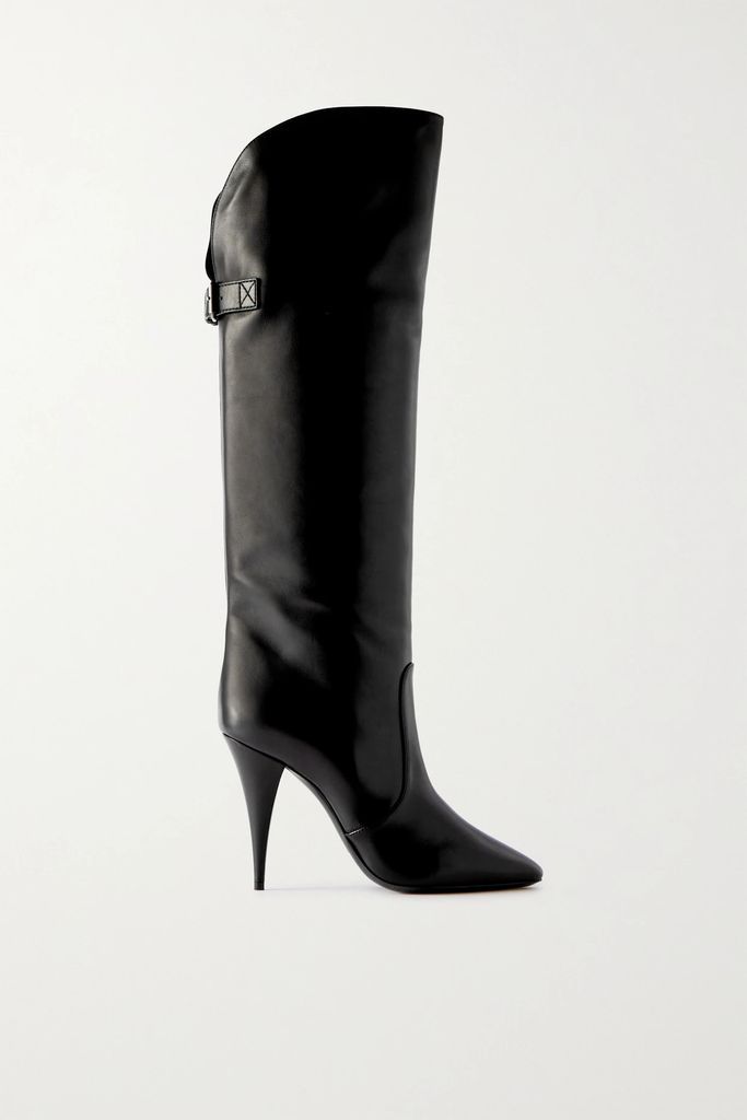 Harper Buckled Leather Knee Boots - Black