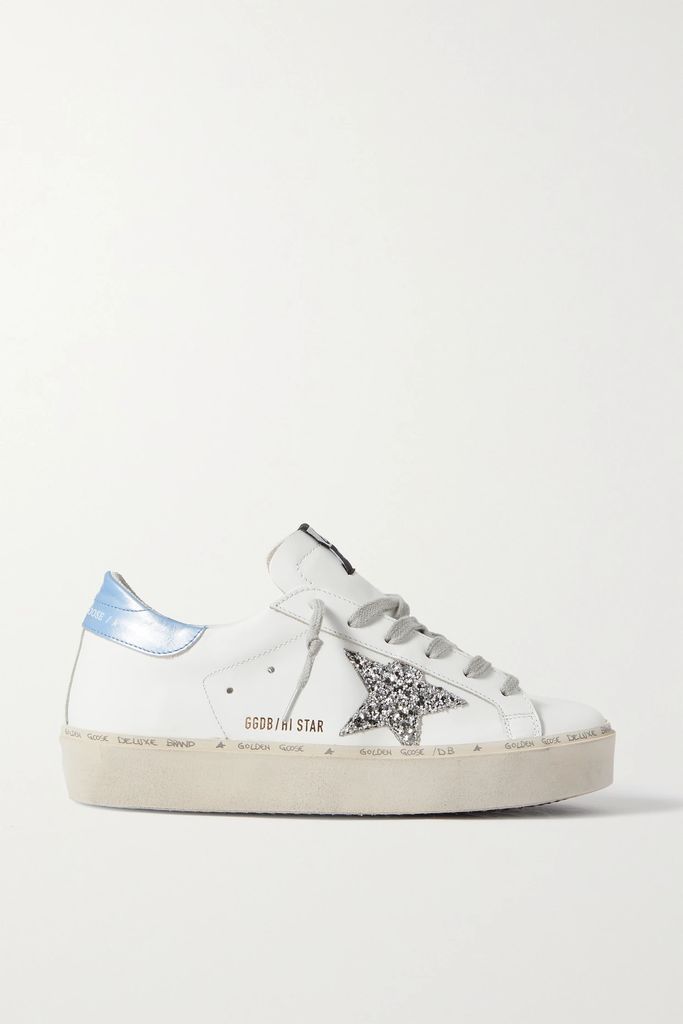 Hi Star Distressed Glittered Leather Sneakers - White