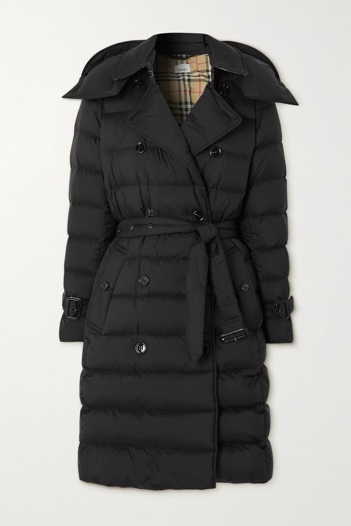 Belted Hooded Double-breasted Quilted Shell Down Coat - Black