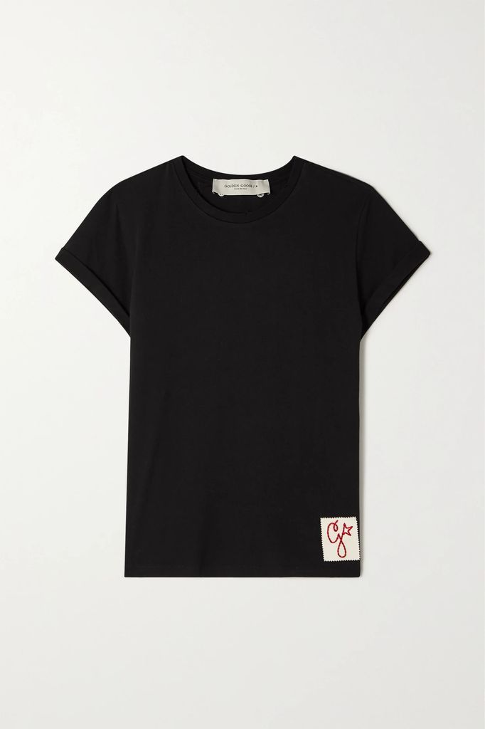 Appliquéd Distressed Cotton-jersey T-shirt - Black