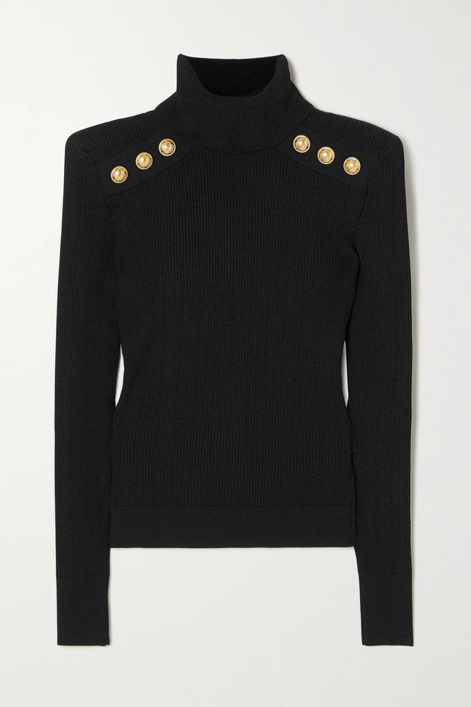 Button-detailed Ribbed-knit Turtleneck Sweater - Black