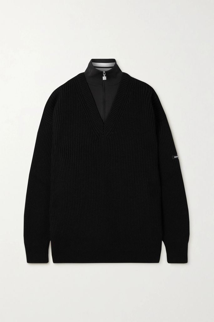 Layered Ribbed Wool And Stretch-knit Sweater - Black