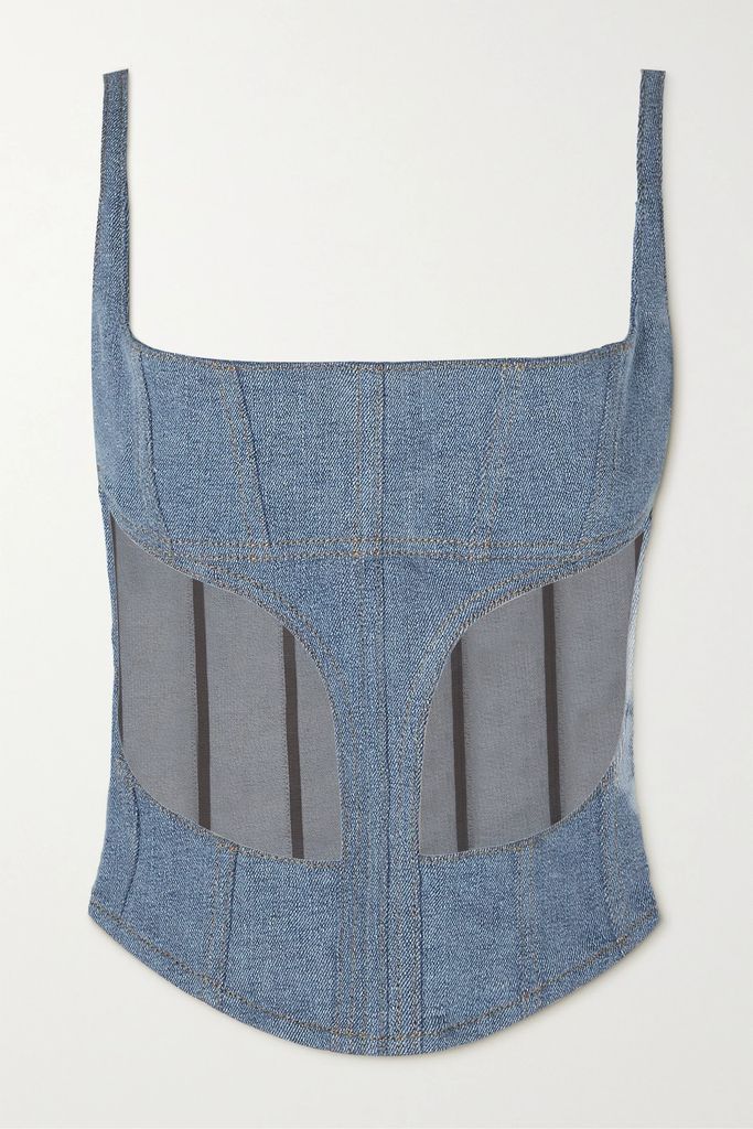 Denim And Tulle Bustier Top - Light blue
