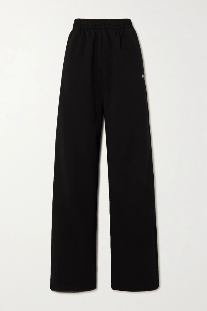 Embroidered Cotton-jersey Track Pants - Black
