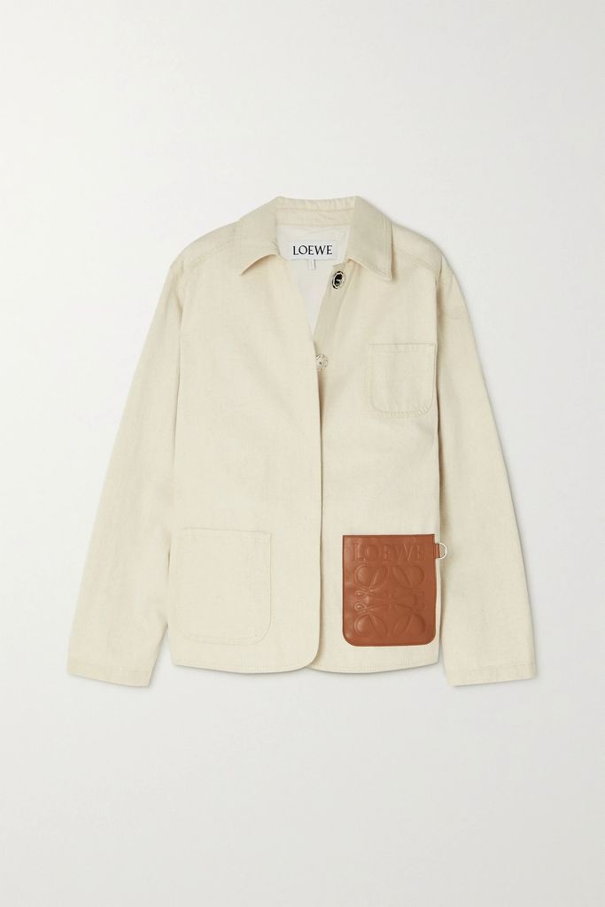 Leather-trimmed Cotton And Linen-blend Twill Jacket - Ecru