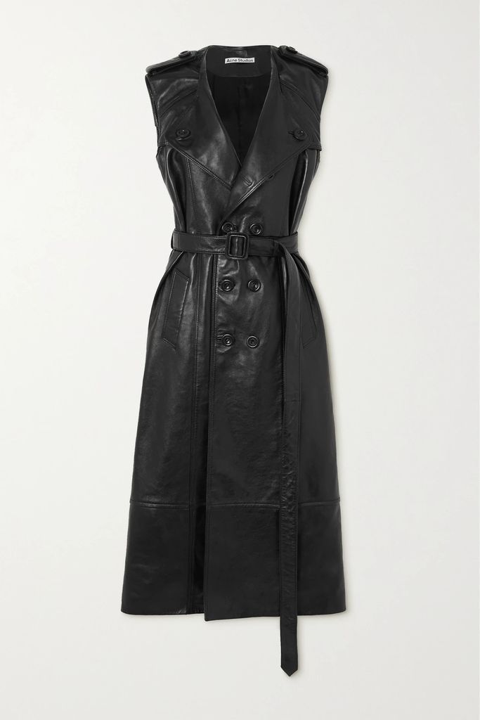 Double-breasted Belted Leather Coat - Black