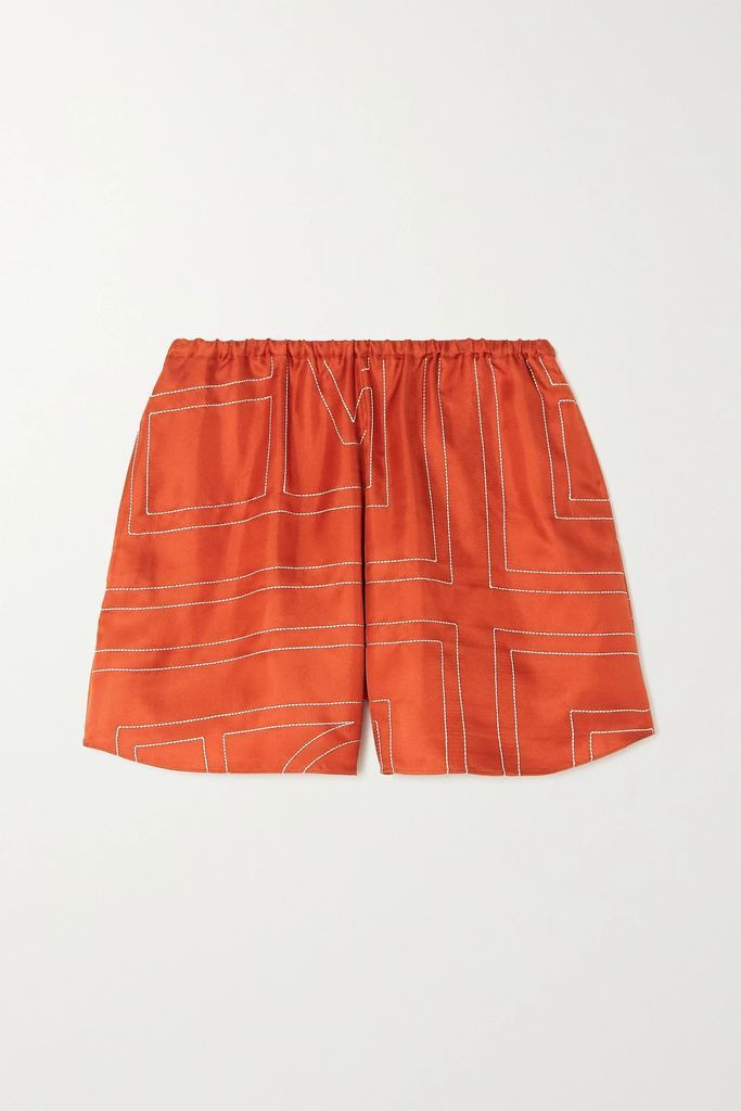 Embroidered Silk-twill Shorts - Orange