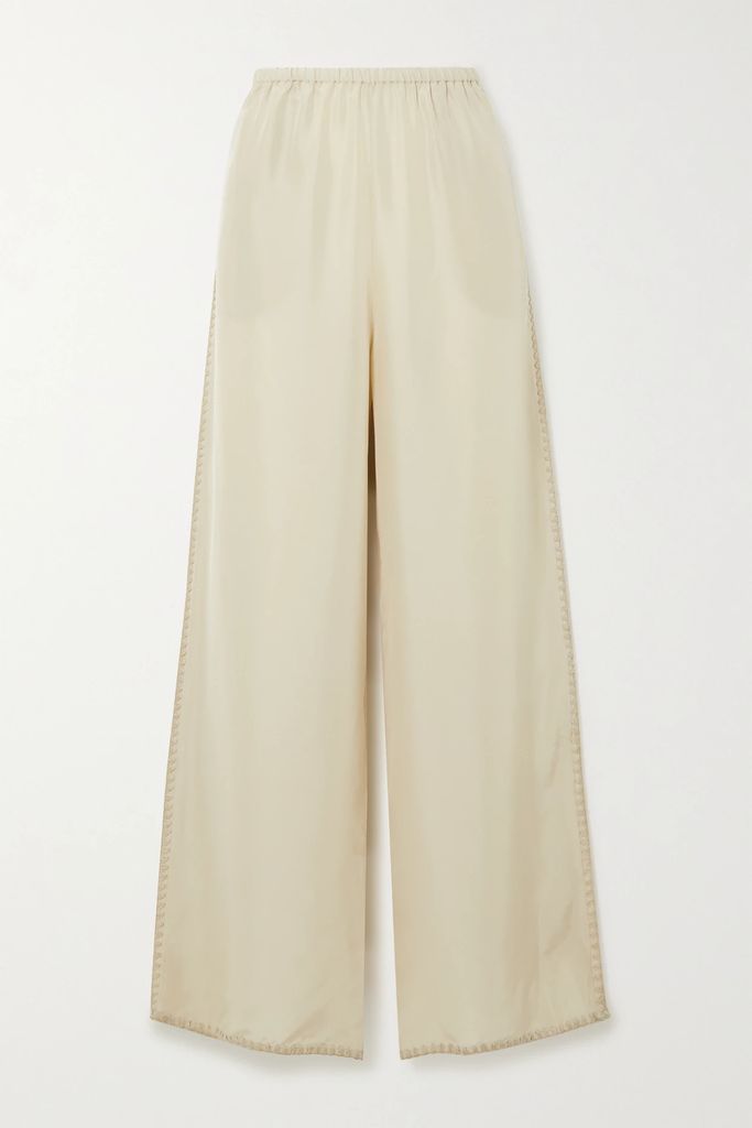 Embroidered Silk Wide-leg Pants - Beige