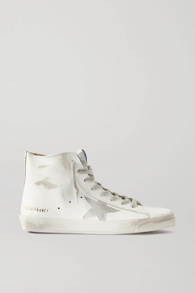 Francy Glittered Distressed Leather And Suede High-top Sneakers - White