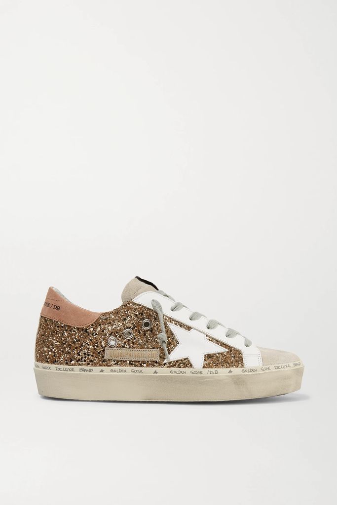 Hi Star Distressed Glittered Leather And Suede Sneakers - IT35
