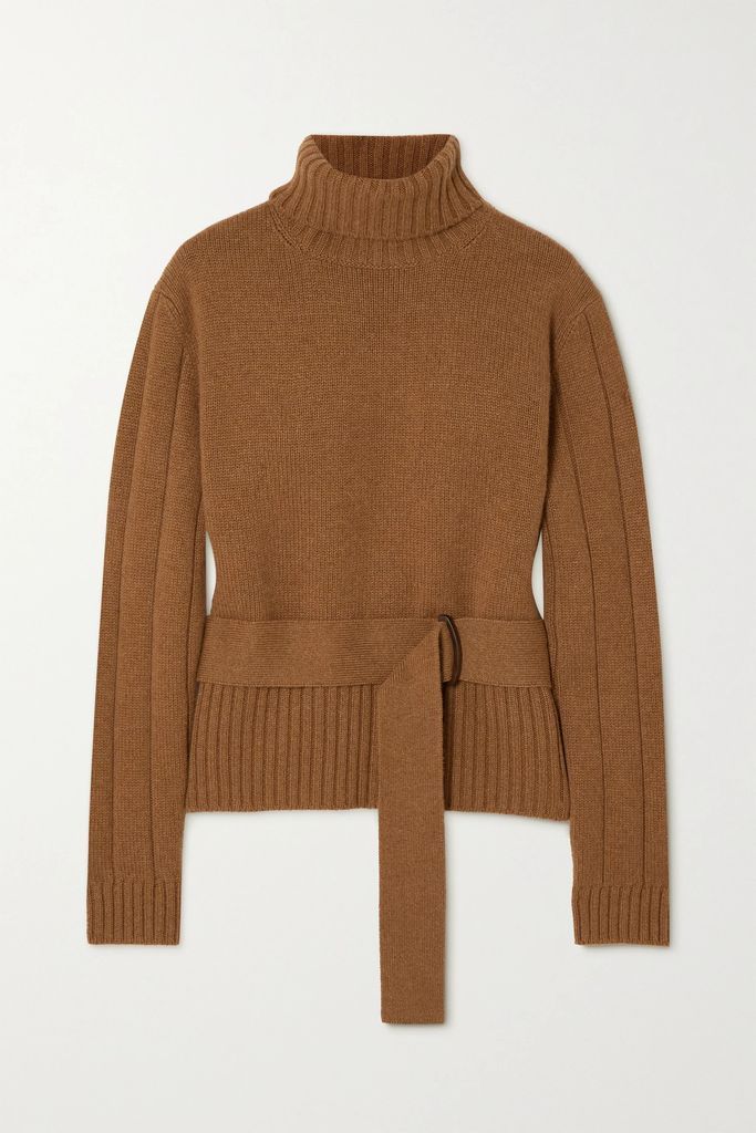 Belted Cashmere Turtleneck Sweater - Camel