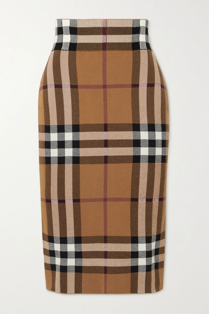 Checked Jacquard-knit Cotton-blend Midi Skirt - Brown