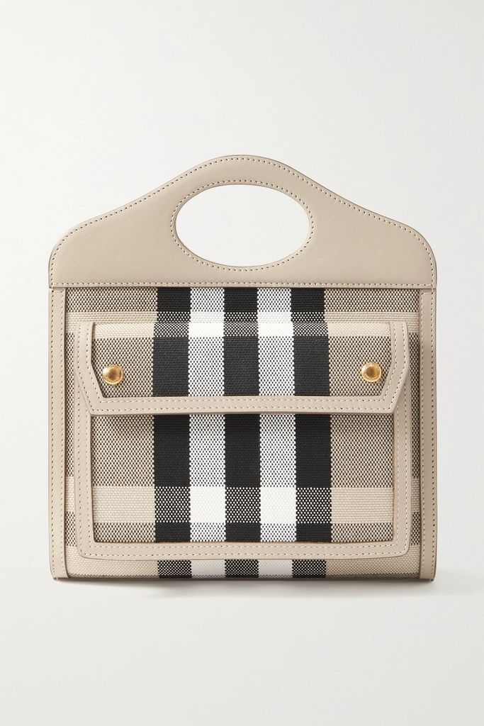 Leather-trimmed Checked Canvas Tote - Beige