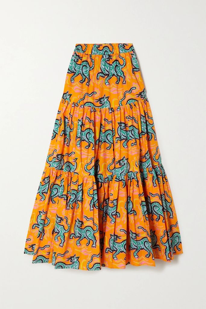 Big Tiered Printed Cotton-poplin Midi Skirt - Orange